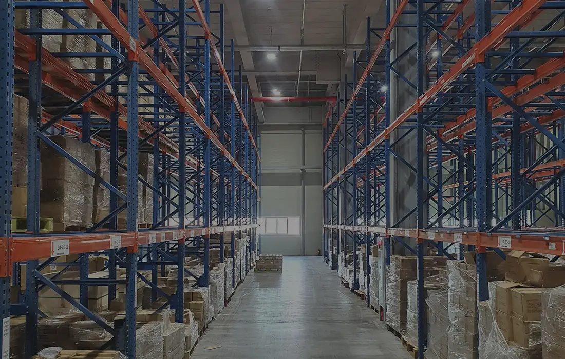 Racked storage area at an I'M UR BOX fulfillment center
